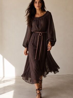 TORY BURCH Ruffle Neck Dress NWT Deep Chocolate Linen Gauze Midi Dress Sz S $498